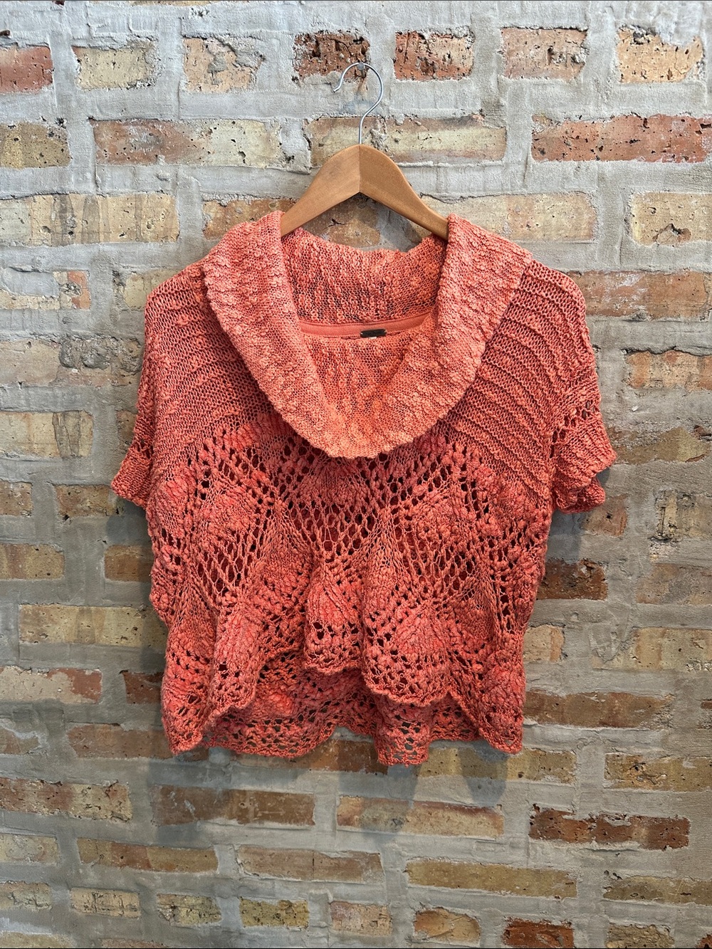 Free People Cowl Neck Crochet Knit Pullover Sweater - Coral